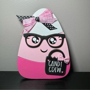 Mini Pink, White, & Black Candy Corn W/ Glasses Candy Crew Halloween Sign Decor